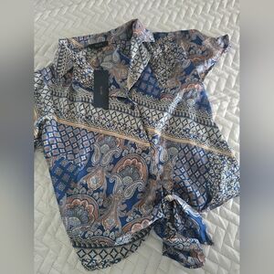 NWT Eclair Satin Paisley Print Shirt Top Blouse